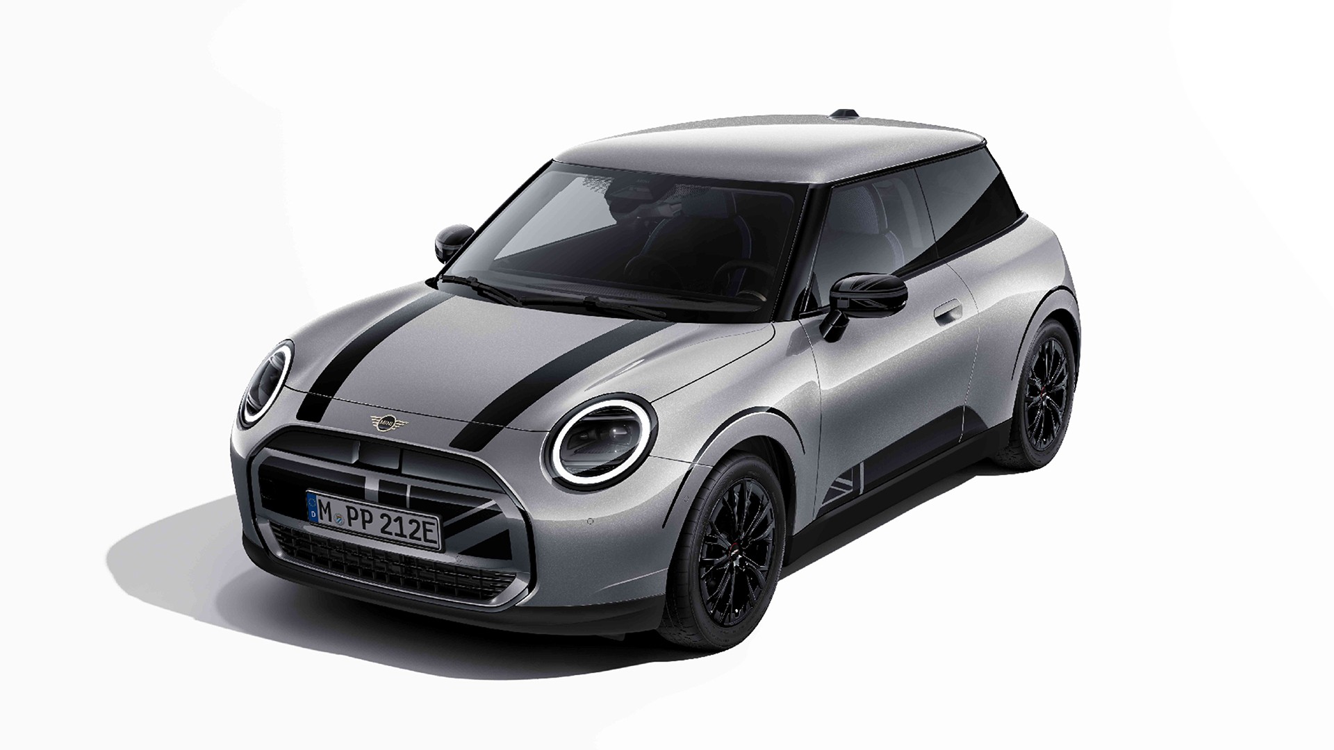 Overhead shot of MINI Convertible in Nanuq White with MINI Heritage bonnet decals in black. 